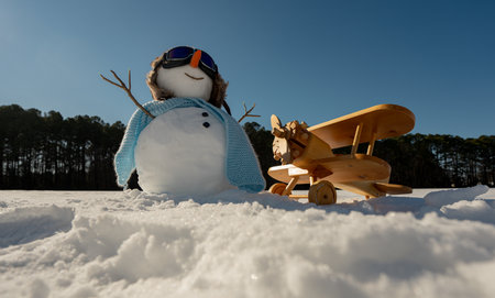 Winter snowman pilot in snow. Winter gift delivery concept with snowman. Winter snowman aviator celebrating Christmas. Winter snowman with goggles and wooden plane.の写真素材