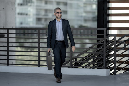 Successful businessman walking outdoors with a briefcase. Businessman on the go. Mature lawyer in a suit. Rich businessman with briefcase. Middle-aged businessman on way to work. Handsome lawyer.の写真素材
