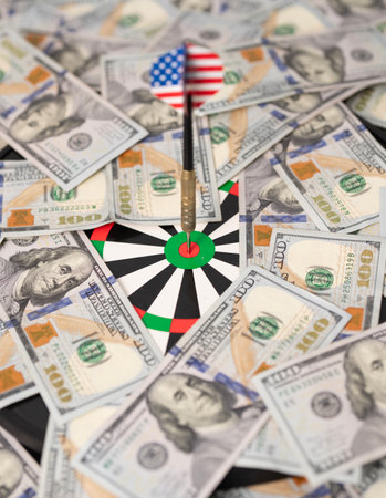 Dollars and target concept with dart hitting goal. Financial success with money and banknotes. Investment growth. American finance and income. Credit, loan, and payment strategy with USD.の写真素材