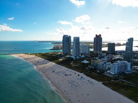 Aerial view of Miami Beach City. Drone shot of Miami skyline. Top view of South Miami Beach. Miami cityscape with luxury skyscrapers and ocean. View of Miamis famous coastline.の写真素材