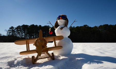 Snowman in snowy nature. Snow man on outdoor winter field. Winter snowman for New Year design. Snowman with scarf and gloves. Snow man with copy space for banner. Funny snowman.の写真素材