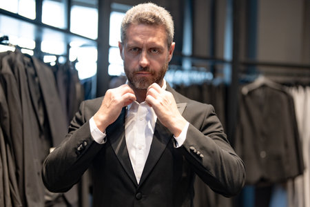 Classic suit outfit. A hispanic businessman appreciates fine tailoring and suit. A well-dressed male model poses in a suit boutique. A retail assistant helps a stylish man find the perfect suit.の写真素材