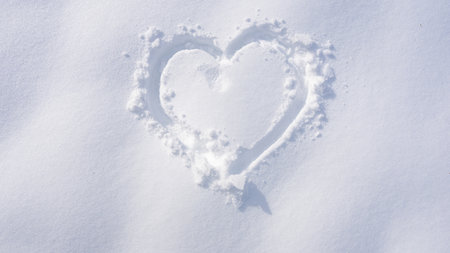Snow heart. Romantic winter scene. Snow love pattern. Heart shape in snowfall. Winter heart background.の写真素材