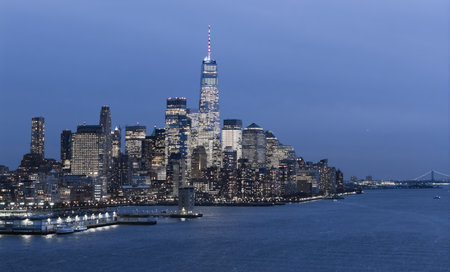 New York City panoramic night view of Manhattan. NYC aerial cityscape. NewYork City Hudson skyline. New York waterfront. New York downtown skyline. New York aerial view of Manhattan skyscrapers.の写真素材