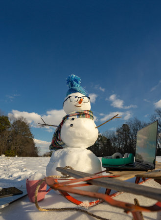 Snowman for winter greeting card. Snow man with winter background. Snowman with scarf and mittens in...