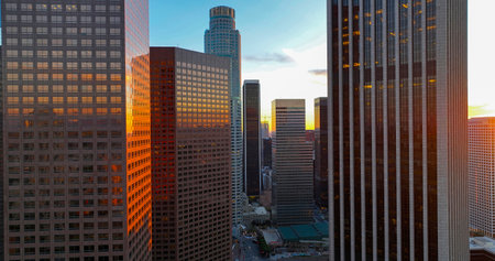 Modern cityscape of Los Angeles, California. Drone view of Los Angeles. Panoramic photo of downtown...