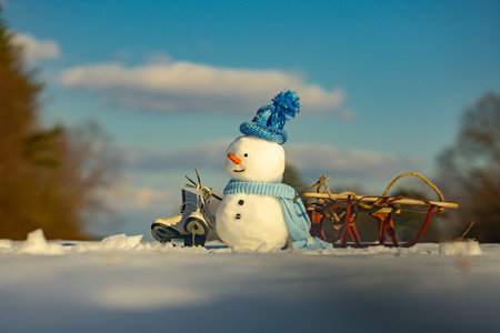 Snowman in snowy field. Cute snow man with blue scarf. Winter scene with happy snowman. Snowman...