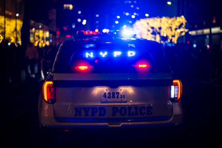 New York Police Department. NYPD police car parked on city street. NYPD police car emergency response. NYPD police car in night city. NYPD car patrolling downtown.の写真素材