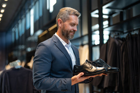 Man in a suit admires luxury shoes in a boutique. A businessman confidently chooses elegant footwear in a shoes store. Classic leather shoes for a formal look. Formal shoes. Leather footwear.の写真素材