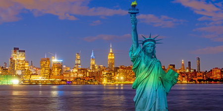 America statue. New York City harbor view with America monument. Famous symbol in New York City skyline. Liberty statue and New York City skyline. Liberty monument and New York City skyline.の写真素材