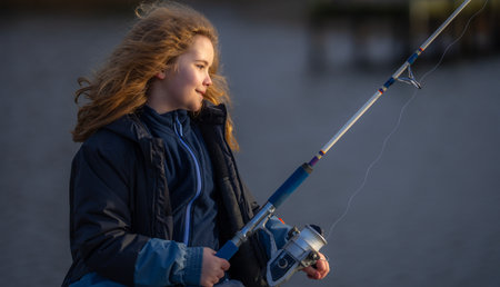 Child enjoying fishing hobby. Kid fishing in quiet lake. Child fishing during autumn day. Kid...