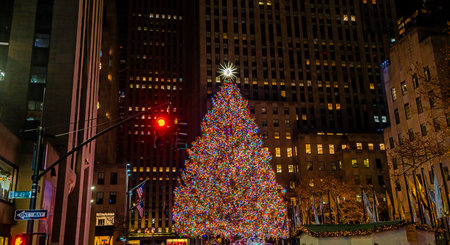 New York winter Christmas night atmosphere. New York City Christmas celebration in Manhattan....