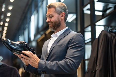 Man in a suit admires luxury shoes in a boutique. A businessman confidently chooses elegant footwear in a shoes store. Classic leather shoes for a formal look. Formal shoes. Leather footwear.の写真素材