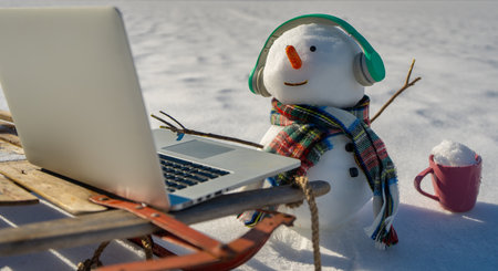 Snowman on snowy field for Christmas. Snow man in frost. Snowman in winter banner design. Snowman...