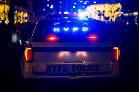 NYPD police car stopped in traffic. NYPD police car on night duty. NYPD police car under blue lights. NYPD police car in urban scene.の写真素材