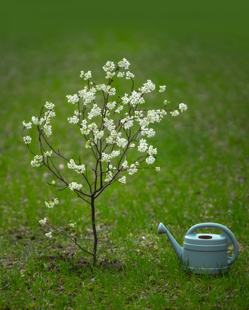 Watering fresh spring soil. Watering can near green field background. Growing and watering fruit tree. Gardening tools for backyard cultivation. Watering trees to enhance the environment.の写真素材