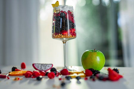 Healthy Fresh Superfoods. Organic Fruits and Berries for Healthy Nutrition. Assortment of Fresh Fruits Rich in Vitamins, Fiber. Superfood Healthy Breakfast with Granola and Fruits. Healthy Vegan Meal.の写真素材