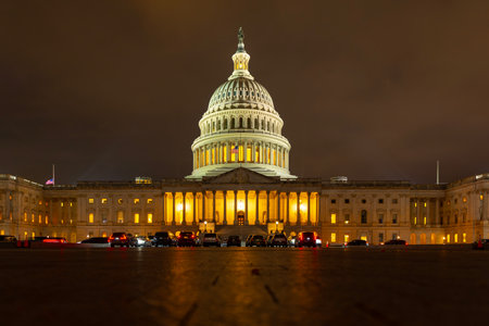 Washington DC night landmark. USA Senate with night lighting. Panorama of the US Capitol. Iconic Capitol dome in the evening. Night cityscape of US Capitol building. Capitol under night sky.の写真素材