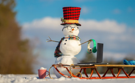 Snowman freelancer with laptop in snow. Remote online work winter concept. Funny winter snowman working on computer. Snowman using laptop outside. Winter snowman typing on laptop in snow.の写真素材