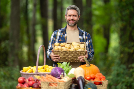 Farmer holding a basket full of green vegetables. Man harvesting corn and carrots during summer...
