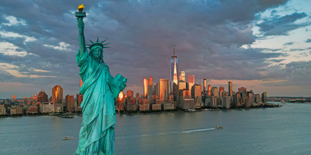 New York City harbor with Liberty statue. New York City harbor view with America monument. Liberty...