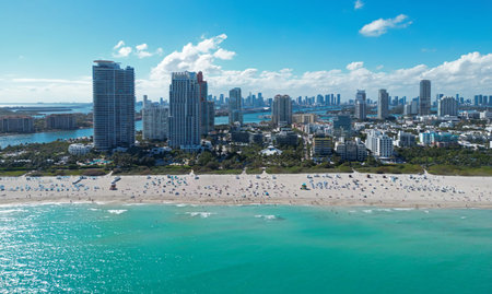 Miami seaside with turquoise ocean and sky. Miami Beach skyline. Famous oceanfront of Miami. Miami shoreline.の写真素材