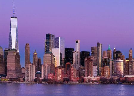 Manhattan waterfront skyline panorama. New York City panoramic skyline. Manhattan skyline panorama....