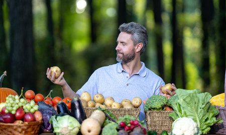 40s Farmer harvesting fresh vegetables in a rural garden. Farmer with fruits and vegetables at a local market. Farmer collecting vegetables produce. Farmer holding a basket full of fresh vegetables.の写真素材
