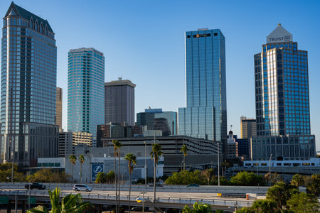 Modern tampa skyline. Urban tampa cityscape. Downtown tampa buildings. Sunny tampa architecture.の写真素材