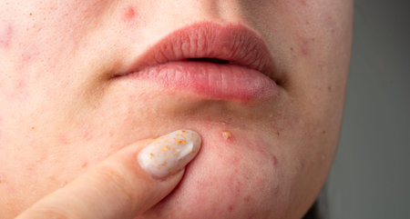 Acne on skin closeup photo. Dermatology concept with acne skin pores. Macro shot of skin irritation with acne. Irritated acne skin.の写真素材