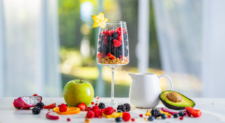 Selection of fruits for breakfast. Fruit salad for a lunch. Glass of mixed fresh fruits on green nature window. Various fruits set on kitchen.の写真素材