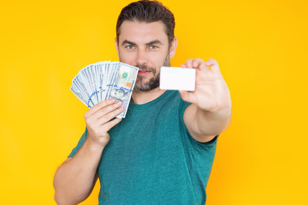 Business man with money banknotes. Male entrepreneur with dollar bills. Lucky boss, insurance agent, manager. Freelancer with cash. Boss, director owner concept. Money for small business.の写真素材