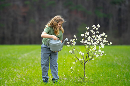 Child planting and watering tree in the garden. Spring activity of planting trees. Child work with shovel and watering can. Child planting fruit tree. Gardening kids. Child planting and care for tree.の写真素材