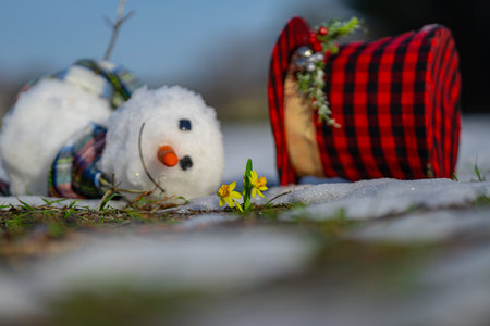 Snowman fading away as warm spring weather arrives. Warm winter weather. End of winter, hello...