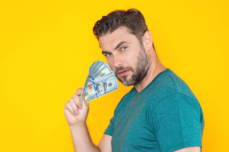 Business man with money banknotes. Male entrepreneur with dollar bills. Lucky boss, insurance agent,...