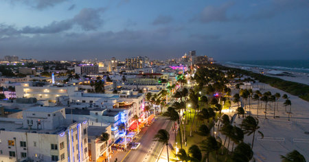 Miami city night panorama with skyscrapers. The iconic South Miami Beach night skyline. Miami...