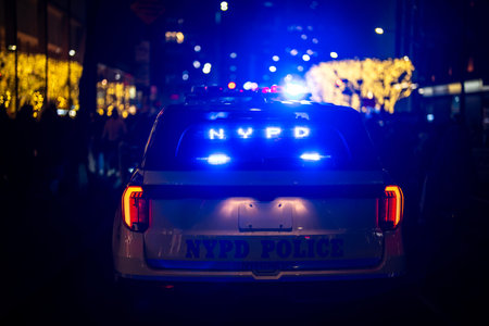 NYPD police car urban safety. NYPD police car night patrol. NYPD police car city protection. NYPD...