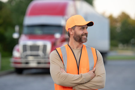 Truck driver standing near large semi-truck trailer. Delivery business. Truck worker before a long-distance trip. Cargo trailer and truck driver.の写真素材