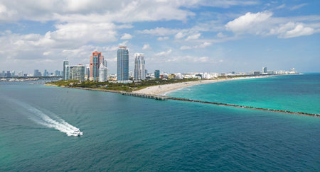 Miami city aerial view. Miami coastal cityscape. Miami Beach downtown. Miami ocean shore.の写真素材