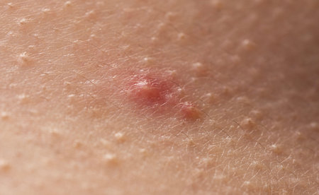 Close up epidermis with inflamed follicles and acne. Skin rash texture with acne. Inflamed skin bumps acne macro. Detailed skin with acne.の写真素材