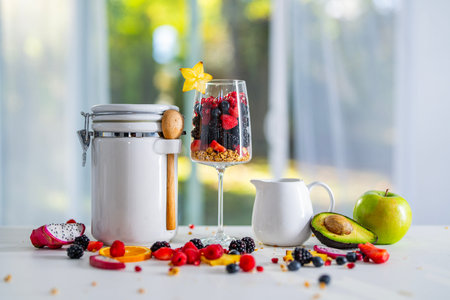 Fruit salad for a breakfast. Glass of mixed fresh fruits on green nature window. Various fruits set...
