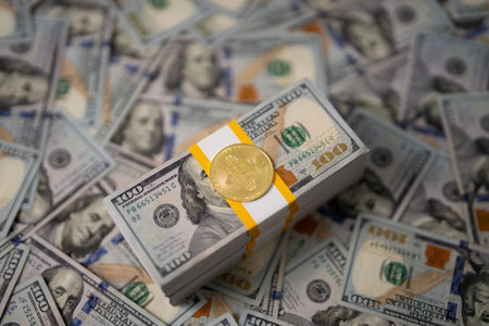Bitcoin and cash money. Crypto coins and banknotes background. BTC coin with dollar bills concept....