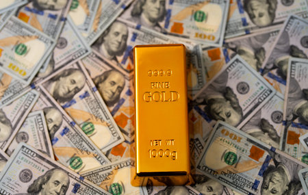 Gold bar and money. Gold bars for savings capital. Dollars money and gold concept.