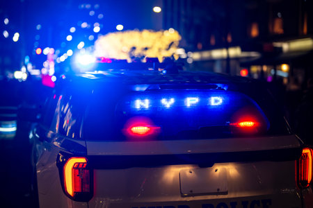 NYPD police car stopped in traffic. NYPD police car on night duty. NYPD police car under blue...