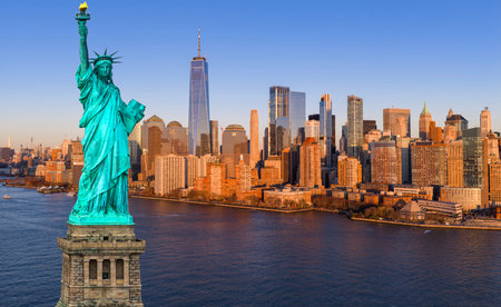 New York City panorama with Liberty Statue in America Freedom in USA. NYC view with Statue of...