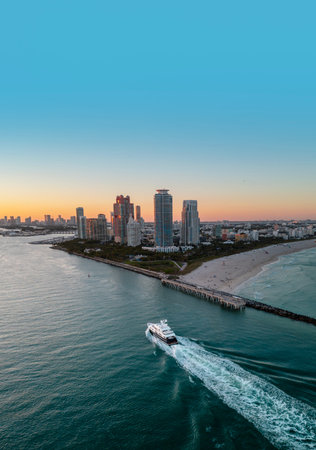 Miami Beach city night aerial view. Miami shoreline. Aerial view of Miami Beach at night. Panoramic...
