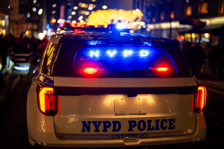 NYPD police car urban safety. NYPD police car night patrol. NYPD police car city protection. NYPD...