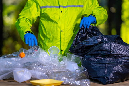 Volunteer cleaning up trash in nature. Volunteers protect forests. Hands collect plastic bottles and...
