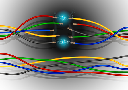 colored electric wires with sparks, smoke and sootの写真素材