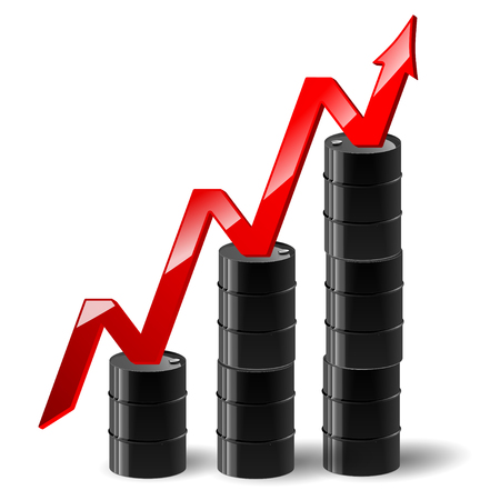 Vector illustration of black metal oil barrel with finance graph and a red arrow showing an increaseのイラスト素材